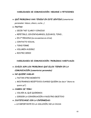 HABILIDADES DE COMUNICACIÓN: NEGARSE A PETICIONES



QUÉ PROBLEMAS HAN TENIDO EN ESTE SENTIDO (comentarios
personales: tabaco, dinero, coche...)
PAUTAS:
  DECIR “NO” CLARO Y CONCISO

  REPETIRLO, SIN ENFADARNOS, ELEVAR EL TONO...

  EN 1ª PERSONA (no excusarnos en otros)

  CONTACTO VISUAL

  TONO FIRME

  VOLUMEN AUDIBLE

  ROSTRO SERIO



  HABILIDADES DE COMUNICACIÓN: PROBLEMAS HABITUALES


CUÁLES SON LOS PROBLEMAS QUE ELLOS TIENEN EN LA
COMUNICACIÓN (comentarios personales)
NO QUIERE HABLAR:
  PACTAR OTRO MOMENTO

  MOSTRARNOS RECEPTIVOS CUANDO QUIERA (no decir “ahora no

  quiero yo”)

CAMBIA DE TEMA:
  VOLVER AL QUE QUEREMOS

  DIRIGIR LA CONVERSACIÓN A NUESTRO OBJETIVO

JUSTIFICARSE CON LA ENFERMEDAD:
  LO IMPORTANTE ES LA SOLUCIÓN, NO LA CAUSA



                                                            40
 