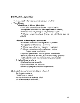 INOCULACIÓN DE ESTRÉS

•   Técnica para afrontar los problemas que causa el Estrés
•   Tiene 3 Fases:
       1.Evaluación del problema, identificar:
              -Situaciones problemáticas (que me exigen esfuerzo)
              -Percepciones problemáticas (¿es un problema de verdad?)
              -Problemas para relajarme (¿sé relajarme? ¿lo hago?)
              -Problemas comportamentales (¿tengo las habilidades que me
              piden?)

      2.Elección de Estrategias y Habilidades:
            -Situaciones problemáticas= cognitivas, SP, HH soc
            -Percepciones problemáticas = cognitivas
            -Problemas para relajarme= relajación y respiración
            -Problemas comportamentales= refuerzo y castigo
                    Explicación de las técnicas:
            -Cognitivas: pensamiento positivo, parada pensamiento...
            -Solución problemas: definirlo, buscar soluciones y aplicarlas
            -Habilidades sociales: mejora relaciones y comunicación
      3. Aplicación de lo anterior:
            -Diseño del plan de actuación
            -Ejecución (llevarlo a la práctica)
            -Valoración y seguimiento (revisión periódica)

¿Qué sucede cuando tenemos estrés y no actuamos?
     -La situación empeora
     -También nuestra salud
     -La vida en familia se hace muy difícil
     -No se resuelven los problemas...




                                                                             43
 