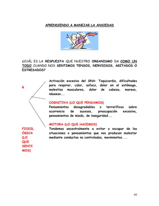 APRENDIENDO A MANEJAR LA ANSIEDAD




¿CUÁL ES LA RESPUESTA QUE NUESTRO ORGANISMO DA COMO UN
TODO CUANDO NOS SENTIMOS TENSOS, NERVIOSOS, AGITADOS O
ESTRESADOS?


            Activación excesiva del SNA: Taquicardia, dificultades
            para respirar, calor, sofoco, dolor en el estómago,
R
            molestias musculares, dolor de cabeza, mareos,
            náuseas...

            COGNITIVA (LO QUE PENSAMOS)
            Pensamientos   desagradables    o   terroríficos   sobre
            ocurrencia   de    sucesos,    preocupación     excesiva,
            pensamientos de miedo, de inseguridad...

            MOTORA (LO QUE HACEMOS)
FISIOL      Tendemos ancestralmente a evitar o escapar de las
ÓGICA       situaciones o pensamientos que nos producen malestar
(LO         mediante conductas no controladas, movimientos ...
QUE
SENTI
MOS)




                                                                  49
 