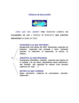 TÉCNICAS DE RELAJACIÓN




    ¿PARA   QUÉ   NOS   SIRVEN?    PARA    PROVOCAR     CAMBIOS      EN

CUALQUIERA DE LOS 3 NIVELES DE RESPUESTA QUE NUESTRO

ORGANISMO DA COMO UN TODO



        FISIOLÓGICA (LO QUE SENTIMOS)
        Recuperación nivel óptimo del SNA: Sensaciones corporales de
        bienestar, respiración más profunda y lenta, distensión
        muscular, no sudoración, no taquicardia, no mareos, no
        náuseas...

R       COGNITIVA (LO QUE PENSAMOS)
        Pensamientos distendidos, relajados, valoración más objetiva de
        la realidad y de uno mismo, pensamientos menos absolutistas,
        más flexibles, más capacidad de realizar otros procesos
        cognitivos (at, mem, ...)

        MOTORA (LO QUE HACEMOS)
        Mayor autocontrol, conductas      de   acercamiento,   precisión,
        moderación...
 