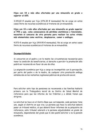 Hijos con 18 o más años afectados por una minusvalía en grado o
superior al 65%

3.315,60 € anuales por hijo (276,30 € mensuales) No se exige en estos
casos límite de recursos económicos al tratarse de un minusválido.

Hijos con 18 o más años afectados por una minusvalía en grado superior
al 75% y que, como consecuencia de pérdidas anatómicas o funcionales,
necesiten el concurso de otra persona para realizar los actos vitales
más elementales como vestirse, desplazarse, comer o análogos.

4.973 € anuales por hijo (414,45 € mensuales). No se exige en estos casos
límite de recursos económicos al tratarse de un minusválido.



Incompatibilidades

Si concurren en el padre y en la madre las circunstancias necesarias para
tener la condición de beneficiarios, el derecho a percibir la prestación sólo
podrá ser reconocido en favor de uno de ellos.

La asignación económica por hijo a cargo es incompatible con la percepción,
por parte del padre o de la madre, de cualquier otra prestación análoga
establecida en los restantes regímenes públicos de protección social.




Para solicitar este tipo de pensiones se recomienda a las familias hablarlo
primero con la Trabajadora social de su Centro de Salud Mental de
referencia para que les informe de los trámites y a dónde tienen que
dirigirse.

La solicitud se hace en el Centro Base que corresponda, cada persona tiene
uno, según el distrito en que viva. La persona que hace la solicitud deberá
pasar un tribunal médico, al que deberá llevar informes de su psiquiatra de
referencia, este tribunal valorará a la persona adjudicándole un grado de
minusvalía, dependiendo del grado que le den podrá solicitar o no la pensión
económica.




                                                                          70
 