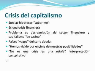 Crisis del capitalismo
 Son las hipotecas “subprime”
 Es una crisis financiera
 Problema es desregulación de sector financiero y
capitalismo “de casino”
 Países “vagos” del sur y deuda
 “Hemos vivido por encima de nuestras posibilidades”
 “No es una crisis es una estafa”, interpretación
conspirativa
...
 