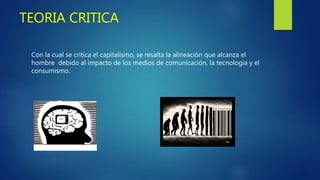 TEORIA CRITICA
Con la cual se critica el capitalismo, se resalta la alineación que alcanza el
hombre debido al impacto de los medios de comunicación, la tecnología y el
consumismo.
 