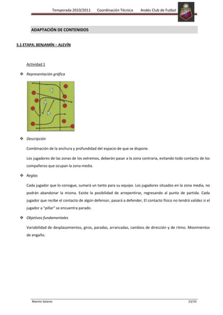 Temporada 2010/2011       Coordinación Técnica       Andés Club de Futbol



     5) ADAPTACIÓN DE CONTENIDOS


5.1 ETAPA: BENJAMÍN – ALEVÍN



     Actividad 1

  Representación gráfica




  Descripción

     Combinación de la anchura y profundidad del espacio de que se dispone.

     Los jugadores de las zonas de los extremos, deberán pasar a la zona contraria, evitando todo contacto de los
     compañeros que ocupan la zona media.

  Reglas

     Cada jugador que lo consigue, sumará un tanto para su equipo. Los jugadores situados en la zona media, no
     podrán abandonar la misma. Existe la posibilidad de arrepentirse, regresando al punto de partida. Cada
     jugador que recibe el contacto de algún defensor, pasará a defender, El contacto físico no tendrá validez si el
     jugador a "pillar" se encuentra parado.

  Objetivos fundamentales

     Variabilidad de desplazamientos, giros, paradas, arrancadas, cambios de dirección y de ritmo. Movimientos
     de engaño.




        Marino Solares                                                                                23/33
 