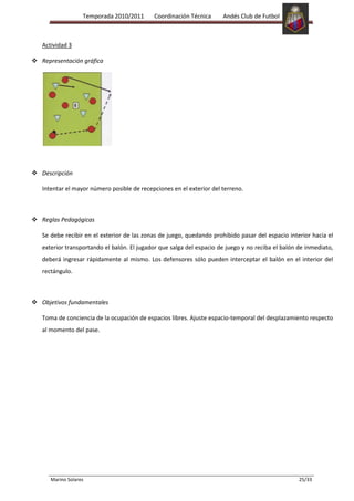 Temporada 2010/2011      Coordinación Técnica      Andés Club de Futbol



   Actividad 3

 Representación gráfica




 Descripción

   Intentar el mayor número posible de recepciones en el exterior del terreno.



 Reglas Pedagógicas

   Se debe recibir en el exterior de las zonas de juego, quedando prohibido pasar del espacio interior hacia el
   exterior transportando el balón. El jugador que salga del espacio de juego y no reciba el balón de inmediato,
   deberá ingresar rápidamente al mismo. Los defensores sólo pueden interceptar el balón en el interior del
   rectángulo.



 Objetivos fundamentales

   Toma de conciencia de la ocupación de espacios libres. Ajuste espacio-temporal del desplazamiento respecto
   al momento del pase.




      Marino Solares                                                                               25/33
 