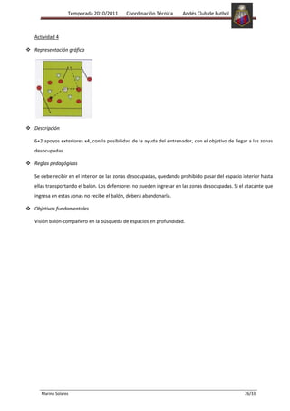 Temporada 2010/2011       Coordinación Técnica      Andés Club de Futbol



   Actividad 4

 Representación gráfica




 Descripción

   6+2 apoyos exteriores x4, con la posibilidad de la ayuda del entrenador, con el objetivo de llegar a las zonas
   desocupadas.

 Reglas pedagógicas

   Se debe recibir en el interior de las zonas desocupadas, quedando prohibido pasar del espacio interior hasta
   ellas transportando el balón. Los defensores no pueden ingresar en las zonas desocupadas. Si el atacante que
   ingresa en estas zonas no recibe el balón, deberá abandonarla.

 Objetivos fundamentales

   Visión balón-compañero en la búsqueda de espacios en profundidad.




      Marino Solares                                                                                26/33
 
