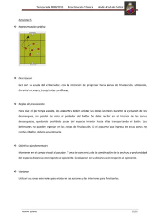 Temporada 2010/2011          Coordinación Técnica       Andés Club de Futbol



   Actividad 5

 Representación gráfica




 Descripción

   6x3 con la ayuda del entrenador, con la intención de progresar hacia zonas de finalización, utilizando,
   durante la carrera, trayectorias curvilíneas.



 Reglas de provocación

   Para que el gol tenga validez, los atacantes deben utilizar las zonas laterales durante la ejecución de los
   desmarques, sin perder de vista al portador del balón. Se debe recibir en el interior de las zonas
   desocupadas, quedando prohibido pasar del espacio interior hasta ellas transportando el balón. Los
   defensores no pueden ingresar en las zonas de finalización. Si el atacante que ingresa en estas zonas no
   recibe el balón, deberá abandonarla.



 Objetivos fundamentales

   Mantener en el campo visual al pasador. Toma de conciencia de la combinación de la anchura y profundidad
   del espacio distancia con respecto al oponente. Graduación de la distancia con respecto al oponente.



 Variante

   Utilizar las zonas exteriores para elaborar las acciones y las interiores para finalizarlas.




      Marino Solares                                                                              27/33
 