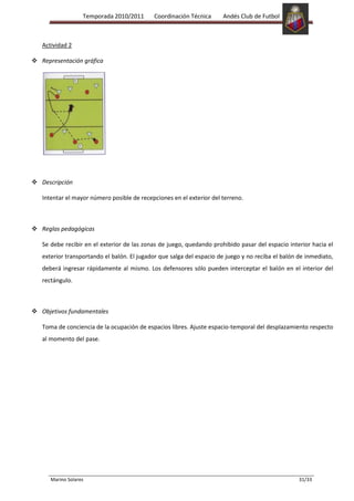 Temporada 2010/2011      Coordinación Técnica      Andés Club de Futbol



   Actividad 2

 Representación gráfica




 Descripción

   Intentar el mayor número posible de recepciones en el exterior del terreno.



 Reglas pedagógicas

   Se debe recibir en el exterior de las zonas de juego, quedando prohibido pasar del espacio interior hacia el
   exterior transportando el balón. El jugador que salga del espacio de juego y no reciba el balón de inmediato,
   deberá ingresar rápidamente al mismo. Los defensores sólo pueden interceptar el balón en el interior del
   rectángulo.



 Objetivos fundamentales

   Toma de conciencia de la ocupación de espacios libres. Ajuste espacio-temporal del desplazamiento respecto
   al momento del pase.




      Marino Solares                                                                               31/33
 