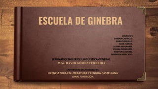 ESCUELA DE GINEBRA
GRUPO N°4
SANDRA CASTRILLO.
DIANA CHIQUILLO.
SARA CUENTA.
LILIANA INSIGNARES.
VIVIANA INSIGNARES.
MARYURIS JIMENEZ.
MAGNOLIA MERC ADO.
SEMINARIO TALLER DE LINGÜÍSTICA GENERAL.
M.Sc. DAVID GÓMEZ FERREIRA
UNIVERSIDAD DEL MAGDALENA.
LICENCIATURA EN LITERATURA Y LENGUA CASTELLANA
ZONAL FUNDACIÓN.
 