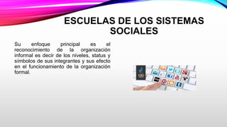 ESCUELAS DE LOS SISTEMAS
SOCIALES
Su enfoque principal es el
reconocimiento de la organización
informal es decir de los niveles, status y
símbolos de sus integrantes y sus efecto
en el funcionamiento de la organización
formal.
 