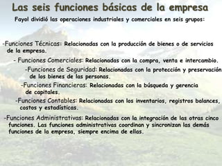 Las seis funciones básicas de la empresa
    Fayol dividió las operaciones industriales y comerciales en seis grupos:



-Funciones Técnicas: Relacionadas con la producción de bienes o de servicios
 de la empresa.
   - Funciones Comerciales: Relacionadas con la compra, venta e intercambio.
       -Funciones de Seguridad: Relacionadas con la protección y preservación
         de los bienes de las personas.
      -Funciones Financieras: Relacionadas con la búsqueda y gerencia
        de capitales.
    -Funciones Contables: Relacionadas con los inventarios, registros balances,
      costos y estadísticas.
-Funciones Administrativas: Relacionadas con la integración de las otras cinco
  funciones. Las funciones administrativas coordinan y sincronizan las demás
  funciones de la empresa, siempre encima de ellas.
 