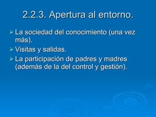 2.2.3. Apertura al entorno. La sociedad del conocimiento (una vez más). Visitas y salidas. La participación de padres y madres (además de la del control y gestión). 