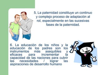 5. La paternidad constituye un continuo
                y complejo proceso de adaptación al
                 rol, especialmente en las sucesivas
                        fases de la paternidad.




6. La educación de los niños y la
educación de los padres son los
instrumentos más asequibles y
eficaces    para    incrementar     la
capacidad de las naciones para cubrir
las    necesidades    /    lograr las
aspiraciones de desarrollo humano
 
