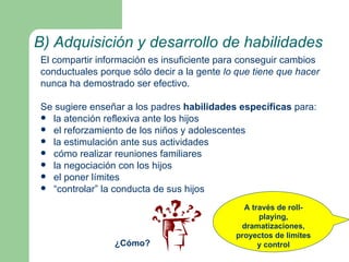 B) Adquisición y desarrollo de habilidades
El compartir información es insuficiente para conseguir cambios
conductuales porque sólo decir a la gente lo que tiene que hacer
nunca ha demostrado ser efectivo.

Se sugiere enseñar a los padres habilidades específicas para:
 la atención reflexiva ante los hijos
 el reforzamiento de los niños y adolescentes
 la estimulación ante sus actividades
 cómo realizar reuniones familiares
 la negociación con los hijos
 el poner límites
 “controlar” la conducta de sus hijos

                                              A través de roll-
                                                  playing,
                                             dramatizaciones,
                                            proyectos de limites
                 ¿Cómo?                           y control
 