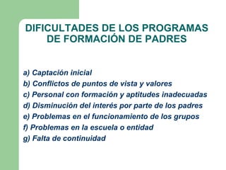 DIFICULTADES DE LOS PROGRAMAS
    DE FORMACIÓN DE PADRES


a) Captación inicial
b) Conflictos de puntos de vista y valores
c) Personal con formación y aptitudes inadecuadas
d) Disminución del interés por parte de los padres
e) Problemas en el funcionamiento de los grupos
f) Problemas en la escuela o entidad
g) Falta de continuidad
 