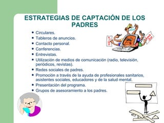 ESTRATEGIAS DE CAPTACIÓN DE LOS
            PADRES
    Circulares.
    Tableros de anuncios.
    Contacto personal.
    Conferencias.
    Entrevistas.
    Utilización de medios de comunicación (radio, televisión,
     periódicos, revistas).
    Redes sociales de padres.
    Promoción a través de la ayuda de profesionales sanitarios,
     asistentes sociales, educadores y de la salud mental.
    Presentación del programa.
    Grupos de asesoramiento a los padres.
 .
 
