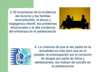 3. El incremento de la incidencia
     del divorcio y las familias
     reconstituidas, el abuso y
negligencia infantil, los problemas
 emocionales y la alta incidencia
del embarazo en la adolescencia



                  4. La creencia de que el ser padre en la
                      actualidad es más duro que en el
                  pasado, la preocupación por el consumo
                       de drogas por parte de niños y
                  adolescentes, los índices de suicidio en
                               la adolescencia
 