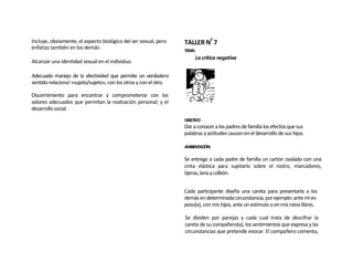 Incluye, obviamente, el aspecto biológico del ser sexual, pero     TALLER Nº 7
enfatiza también en los demás:                                     TEMA:
                                                                        La crítica negativa
Alcanzar una identidad sexual en el individuo.

Adecuado manejo de la afectividad que permite un verdadero
sentido relaciona! «sujeto/sujeto», con los otros y con el otro.

Discernimiento para encontrar y comprometerse con los
valores adecuados que permitan la realización personal; y el
desarrollo social.
                                                                   OBJETIVO:
                                                                   Dar a conocer a los padres de familia los efectos que sus
                                                                   palabras y actitudes causan en el desarrollo de sus hijos.

                                                                   AMBIENTACIÓN:

                                                                   Se entrega a cada padre de familia un cartón ovalado con una
                                                                   cinta elástica para sujetarlo sobre el rostro, marcadores,
                                                                   tijeras, lana y colbón.


                                                                   Cada participante diseña una careta para presentarla a los
                                                                   demás en determinada circunstancia, por ejemplo: ante mi es-
                                                                   poso(a), con mis hijos, ante un estímulo o en mis ratos libres.

                                                                   Se dividen por parejas y cada cual trata de descifrar la
                                                                   careta de su compañero(a), los sentimientos que expresa y las
                                                                   circunstancias que pretende evocar. El compañero comenta,
 