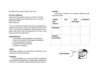 El cuchillo: Corta, separa, divide, la isla, hiere.               EVALUACIÓN:
                                                                       Cada grupo a través de una caricatura expresa qué les
Se invita a reflexionar:                                          transmitió el taller.
¿Qué papel desempeña usted en su familia: tenedor,
cuchara o cuchillo? ¿Qué características de uno o de otro          ¿COMO             A MI          A MI        A LOSHIJOS
reconoce en usted?
                                                                   NOS                          ESPOSO(A)
Intente definirse.
                                                                   AFECTA?
Una vez realizada la reflexión personal, los participantes se
organizan por parejas y cada uno manifiesta cómo se reco-         PROBLEMA
noce. El ejercicio da la posibilidad a cada participante de ex-
presar qué sintió, qué ha descubierto en el otro y qué
puede concluir de la experiencia.

PRESENTACIÓNDELTEMA:                                              POSIBLES
      1. Se entrega a cada participante un cuestionario.          SOLUCIONES
      2. Cada uno responde los interrogantes planteados.
      3. Formar grupos de 5 personas.
      4. Compartir el trabajo realizado.
      5. Elaborar conclusiones.

PLENARIA:
Cada grupo comparte las conclusiones únicamente de los
numerales 4 y 7 del cuestionario.                                               CUESTIONARIO
COMPROMISO:
      En casa dialogaré con mi pareja sobre los problemas
 más importantes; consignaré en el cuadro dichos problemas, la
 forma como nos afectan y algunas alternativas de solución.
 