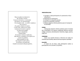PRESENTACIÓNDELTEMA:


                                                    1. Entregar a cada participante el cuestionario «Para
    Papi, tus golpes me alejan de ti,                  reflexionar».
         Me enseñan a mentir,                       2. Respuesta al cuestionario.
 Cortan mi iniciativa y creatividad,                3. Compartir en pequeños grupos.
    Mi alegría y mi espontaneidad.                  4. Sacar las respuestas comunes.
   !No me golpees más... soy débil e indefenso      5. Elaborar algunos criterios prácticos para el manejo de
                ante tu fuerza;                        la autoridad.
    Tus golpes enlutan mi camino,
  Y sobre todo, endurecen mi alma.                PLENARIA:
    La fuerza de tu razón es superior                  Cada grupo propone criterios prácticos para el manejo
         A la fuerza de tus golpes;               de la autoridad y los expone empleando diversas técnicas:
           Si no te entiendo hoy                  collage, caricatura, dramatización, historieta, slogan, poema,
             ¡Pronto lo Haré!                     copla, etc.
     Si eres justo e insistes en explicarme...
  Más efectivos y grandiosos son tu afecto, tus   COMPROMISO:
            caricias, tus palabras.                   Hacer una revisión formal o informal con todos los
         Papi tu grandeza no está                 miembros de la familia, sobre las formas de ejercer autoridad.
      En el poder de tu fuerza física,
       Tú, mi Héroe, eres mucho más               EVALUACIÓN:
Cuando no necesitas de ella para guiarme...            A través de una frase, cada participante evalúa su
                                                  participación en la reunión y la justifica.
 
