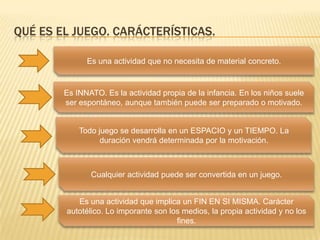 QUÉ ES EL JUEGO. CARÁCTERÍSTICAS.

              Es una actividad que no necesita de material concreto.


        Es INNATO. Es la actividad propia de la infancia. En los niños suele
        ser espontáneo, aunque también puede ser preparado o motivado.


            Todo juego se desarrolla en un ESPACIO y un TIEMPO. La
                  duración vendrá determinada por la motivación.



               Cualquier actividad puede ser convertida en un juego.


           Es una actividad que implica un FIN EN SI MISMA. Carácter
        autotélico. Lo imporante son los medios, la propia actividad y no los
                                       fines.
 