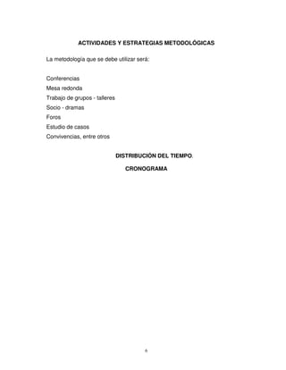 ACTIVIDADES Y ESTRATEGIAS METODOLÓGICAS

La metodología que se debe utilizar será:


Conferencias
Mesa redonda
Trabajo de grupos - talleres
Socio - dramas
Foros
Estudio de casos
Convivencias, entre otros


                               DISTRIBUCIÓN DEL TIEMPO.

                                  CRONOGRAMA




                                        6
 