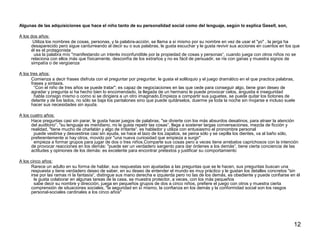 12 
Algunas de las adquisiciones que hace el niño tanto de su personalidad social como del lenguaje, según lo explica Gesell, son, 
A los dos años: 
Utiliza los nombres de cosas, personas, y la palabra-acción, se llama a sí mismo por su nombre en vez de usar el "yo" , la jerga ha 
desaparecido pero sigue canturreando al decir su o sus palabras, le gusta escuchar y le gusta revivir sus acciones en cuentos en los que 
él es el protagonista 
usa la palabra mío "manifestando un interés inconfundible por la propiedad de cosas y personas“, cuando juega con otros niños no se 
relaciona con ellos más que físicamente, desconfía de los extraños y no es fácil de persuadir, se ríe con ganas y muestra signos de 
simpatía o de vergüenza 
A los tres años: 
Comienza a decir frases disfruta con el preguntar por preguntar, le gusta el soliloquio y el juego dramático en el que practica palabras, 
frases y sintaxis. 
“Con el niño de tres años se puede tratar"; es capaz de negociaciones en las que cede para conseguir algo, tiene gran deseo de 
agradar y pregunta si ha hecho bien lo encomendado, la llegada de un hermano le puede provocar celos, angustia e inseguridad 
habla consigo mismo o como si se dirigiera a un otro imaginado.Empieza a compartir sus juguetes, se puede quitar los botones de 
delante y de los lados, no sólo se baja los pantalones sino que puede quitárselos, duerme ya toda la noche sin mojarse e incluso suele 
hacer sus necesidades sin ayuda. 
A los cuatro años: 
Hace preguntas casi sin parar, le gusta hacer juegos de palabras, "se divierte con los más absurdos desatinos, para atraer la atención 
del auditorio“, "su lenguaje es meridiano, no le gusta repetir las cosas“, llega a sostener largas conversaciones, mezcla de ficción y 
realidad, "tiene mucho de charlatán y algo de irritante“, es hablador y utiliza con entusiasmo el pronombre personal 
puede vestirse y desvestirse casi sin ayuda, se hace el lazo de los zapatos, se peina sólo y se cepilla los dientes, va al baño sólo, 
preferentemente si hay otros, movido por "una nueva curiosidad que empieza a surgir" 
empieza a formar grupos para jugar de dos o tres niños.Comparte sus cosas pero a veces tiene arrebatos caprichosos con la intención 
de provocar reacciones en los demás: "puede ser un verdadero sargento para dar órdenes a los demás“, tiene cierta conciencia de las 
actitudes y opiniones de los demás: es excelente para encontrar pretextos y justificar su comportamiento 
A los cinco años: 
Rarece un adulto en su forma de hablar, sus respuestas son ajustadas a las preguntas que se le hacen, sus preguntas buscan una 
respuesta y tiene verdadero deseo de saber, en su deseo de entender el mundo es muy práctico y le gustan los detalles concretos "sin 
irse por las ramas ni la fantasía“, distingue sus mano derecha e izquierda pero no las de los demás, es obediente y puede confiarse en él 
le gusta colaborar en algunas tareas de la casa, se muestra protector, a veces, con los más pequeños 
sabe decir su nombre y dirección, juega en pequeños grupos de dos a cinco niños, prefiere el juego con otros y muestra cierta 
comprensión de situaciones sociales, "la seguridad en sí mismo, la confianza en los demás y la conformidad social son los rasgos 
personal-sociales cardinales a los cinco años" 
 
