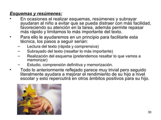 30 
Esquemas y resúmenes: 
• En ocasiones el realizar esquemas, resúmenes y subrayar 
ayudaran al niño a evitar que se pueda distraer con más facilidad, 
favoreciendo su atención en la tarea, además permite repasar 
más rápido y limitamos lo más importante del texto. 
• Para ello le ayudaremos en un principio para facilitarle esta 
técnica, los pasos a seguir serian: 
– Lectura del texto (rápida y comprensiva) 
– Subrayado del texto (resaltar lo más importante) 
– Realización del esquema (pretendemos resaltar lo que vamos a 
memorizar) 
– Estudio, comprensión definitiva y memorización. 
• Todo lo anteriormente reflejado parece muy trivial pero seguido 
literalmente ayudara a mejorar el rendimiento de su hijo a nivel 
escolar y esto repercutirá en otros ámbitos positivos para su hijo. 
 