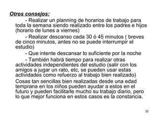 32 
Otros consejos: 
- Realizar un planning de horarios de trabajo para 
toda la semana siendo realizado entre los padres e hijos 
(horario de lunes a viernes) 
- Realizar descanso cada 30 ó 45 minutos ( breves 
de cinco minutos, antes no se puede interrumpir el 
estudio) 
- Que intente descansar lo suficiente por la noche 
- También habrá tiempo para realizar otras 
actividades independientes del estudio (salir con los 
amigos a jugar un rato, etc, se pueden usar estas 
actividades como refuerzo al trabajo bien realizado) 
Cosas tan sencillas bien realizadas desde una edad 
temprana en los niños pueden ayudar a estos en el 
futuro y pueden facilitarle mucho su trabajo diario, pero 
lo que mejor funciona en estos casos es la constancia. 
 