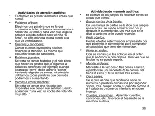 38 
Actividades de atención auditiva: 
• El objetivo es prestar atención a cosas que 
oímos. 
• Palabras al bote: 
Elegimos una palabra que es la que 
enviamos al bote, entonces comenzamos a 
hablar de un tema y cada vez que salga la 
palabra elegida deberá decir el niño “al 
bote”, de esta manera estará atento a lo 
que va verbalizando. 
 Cuentos y canciones: 
Contar cuentos inventados o leídos 
favorece la atención. Lo mismo que 
escuchar letras de canciones. 
 Palabras y gestos: 
Se trata de contar historias y el niño tiene 
que hacer los gestos que le digamos a 
palabras concretas: por ejemplo cuando 
aparezca “perro” debe ladrar o “comer” 
haciendo el gesto de comer. Al principio 
utilizamos pocas palabras que después 
podremos ir aumentando. 
 Vamos a contar mentiras: 
Se trata de contar una historia con 
disparates que tienen que señalar cuando 
aparecen. “Una vez, un coche iba volando 
muy alto...” 
Actividades de memoria auditiva: 
• El objetivo de los juegos es recordar series de 
cosas que oímos. 
• Buscar cartas de la baraja: 
En una baraja de cartas se le dice que busque 
unas cartas, se puede empezar por dos y 
después ir aumentando, una vez que se le 
dice la carta no se le puede recordar. 
 Pedir objetos: 
Pedirle objetos determinados empezando por 
dos podemos ir aumentando para comprobar 
al capacidad que tiene de memorizar. 
 Poner en orden: 
Con las cartas que las coloque en el orden 
que le pedimos, o con objetos. Una vez que se 
le pide no se puede repetir. 
 Mandar ordenes: 
Mandarle a la vez dos o tres cosas a la vez, 
ejemplo trae una servilleta de la cocina, del 
baño el peine y de la terraza tres pinzas. 
 Decir series: 
Se le dice al niño que repita una serie de 
números o palabras dichas una por segundo: 
“cinco, tres, cuatro” ahora tu; cuando domine 3 
ó 4 palabras o números intentarlo en orden 
inverso. 
 Cuentos, canciones,...Aprender cuentos, 
canciones, etc., favorece el desarrollo de la 
memoria auditiva. 
 
