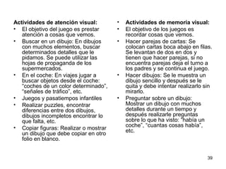 39 
Actividades de atención visual: 
• El objetivo del juego es prestar 
atención a cosas que vemos. 
• Buscar en un dibujo: En dibujos 
con muchos elementos, buscar 
determinados detalles que le 
pidamos. Se puede utilizar las 
hojas de propaganda de los 
supermercados. 
• En el coche: En viajes jugar a 
buscar objetos desde el coche: 
“coches de un color determinado”, 
“señales de tráfico”, etc. 
• Juegos y pasatiempos infantiles 
• Realizar puzzles, encontrar 
diferencias entre dos dibujos, 
dibujos incompletos encontrar lo 
que falta, etc. 
• Copiar figuras: Realizar o mostrar 
un dibujo que debe copiar en otro 
folio en blanco. 
• Actividades de memoria visual: 
• El objetivo de los juegos es 
recordar cosas que vemos. 
• Hacer parejas de cartas: Se 
colocan cartas boca abajo en filas. 
Se levantan de dos en dos y 
tienen que hacer parejas, si no 
encuentra parejas deja el turno a 
los padres y se continua el juego. 
• Hacer dibujos: Se le muestra un 
dibujo sencillo y después se le 
quita y debe intentar realizarlo sin 
mirarlo. 
• Preguntar sobre un dibujo: 
Mostrar un dibujo con muchos 
detalles durante un tiempo y 
después realizarle preguntas 
sobre lo que ha visto: “había un 
coche”, “cuantas cosas había”, 
etc. 
 