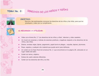 NIÑAS
TEMA No. 2:       DERE
                      CHOS DE LOS NIÑO S Y


         OBJETIVO:
               Que los y las participantes conozcan los derechos de los niños y las niñas, para que los
               practiquen y velen por su cumplimiento.




        A) RECURSOS A UTILIZAR:


          Video con el tema No. 2: “Los derechos de los niños y niñas”, televisor y video casetera.
          Un mural con escenas y noticias de escenas positivas y negativas respecto a los derechos de los
          niños y las niñas.
          Diarios, revistas viejas, tijeras, pegamento, papel bond en pliegos, crayolas, lápices, plumones.
          Ropa, zapatos y cualquier otro material que pueda servir para disfraces.
          Un cartel con la frase final de la lectura No. 2: que encontrará en la página 28, colocada en un
          lugar visible del salón.
          Cartel con tema y objetivo.
          Dulces de cuatro sabores diferentes.
          Cartel con los derechos del niño y la niña.




                                        26
 
