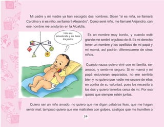 Mi padre y mi madre ya han escogido dos nombres. Dicen “si es niña, se llamará
Carolina y si es niño, se llamará Alejandro”. Como seré niño, me llamaré Alejandro, con
ese nombre me anotarán en la Alcaldía.
                           Hola soy
                    salvadoreño y me llamo     Es un nombre muy bonito, y cuando esté
                          Alejandro          grande me sentiré orgulloso de él. Es mi derecho
                                             tener un nombre y los apellidos de mi papá y
                                             mi mamá, así podrán diferenciarme de otros
                                             niños.


                                              Cuando nazca quiero vivir con mi familia, ser
                                             amado, y sentirme seguro. Si mi mamá y mi
                                             papá estuvieran separados, no me sentiría
                                             bien y no quiero que nadie me separe de ellos
                                             en contra de su voluntad, pues los necesito a
                                             los dos y quiero tenerlos cerca de mí. Por eso
                                             quiero que siempre estén juntos.


  Quiero ser un niño amado, no quiero que me digan palabras feas, que me hagan
sentir mal; tampoco quiero que me maltraten con golpes, castigos que me humillen o

                                             29
 