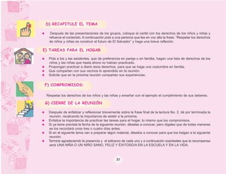 D) RECAPITULE EL TEMA

   Después de las presentaciones de los grupos, coloque el cartel con los derechos de los niños y niñas y
  refuerce el contenido. A continuación pida a una persona que lea en voz alta la frase: “Respetar los derechos
  de niños y niñas es construir el futuro de El Salvador” y haga una breve reflexión.

E) TAREAS PARA EL HOGAR

  Pida a los y las asistentes, que de preferencia en pareja o en familia, hagan una lista de derechos de los
  niños y las niñas que hasta ahora no habían practicado.
  Propongan practicar a diario esos derechos, para que se haga una costumbre en familia.
  Que compartan con sus vecinos lo aprendido en la reunión.
  Solicite que en la próxima reunión compartan sus experiencias.

F) COMPROMISOS:

 Respetar los derechos de los niños y las niñas y enseñar con el ejemplo el cumplimiento de sus deberes.

G) CIERRE DE LA REUNIÓN

  Después de enfatizar y reflexionar brevemente sobre la frase final de la lectura No. 2, dé por terminada la
  reunión, recalcando la importancia de asistir a la próxima.
  Enfatice la importancia de practicar las tareas para el hogar, lo mismo que los compromisos.
  Si ya tiene prevista la fecha de la siguiente reunión, déselas a conocer, pero dígales que de todas maneras
  se los recordará unos tres o cuatro días antes.
  Si en el siguiente tema van a preparar algún material, déselos a conocer para que los traigan a la siguiente
  reunión.
  Termine agradeciendo la presencia y el esfuerzo de cada uno y a continuación expréseles que la recompensa
  será UNA NIÑA O UN NIÑO SANO, FELIZ Y ÉXITOSO/A EN LA ESCUELA Y EN LA VIDA.



                                               31
 