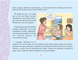 limón, naranja, tamarindo, todo natural, y yo me como toda la comida que me sirven,
pues sé que es para que yo crezca fuerte y sano.

  Mi abuela le dice a mi papá                      Vamos
                                                Alejandrito,
que no me den fresco de esos
                                              tómese su fresco
embolsados, pues hacen daño y                     de limón
que para eso ella sembró el palo
de limones y otro de naranjas.

  El abuelo hace unos días sembró
tomates, zanahorias y una mata
de güisquil y me dijo: ”Alejandrito,
esto es para que hagan tu comida
con verduras frescas, así
crecerás muy fuerte”.

  Y agregó, riéndose con la
abuela y con mi tía Lucita, “por eso también entre todos hemos quitado los charcos,
para que no hayan zancudos; recogemos y enterramos la basura para que no nazcan
moscas, es decir, todo se mantiene bien limpio. Cuando es necesario, hervimos el
agua, pues a veces no estamos seguros de que sea potable”.

                                       35
 