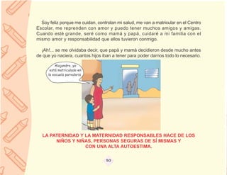 Soy feliz porque me cuidan, controlan mi salud, me van a matricular en el Centro
Escolar, me reprenden con amor y puedo tener muchos amigos y amigas.
Cuando esté grande, seré como mamá y papá, cuidaré a mi familia con el
mismo amor y responsabilidad que ellos tuvieron conmigo.

  ¡Ah!... se me olvidaba decir, que papá y mamá decidieron desde mucho antes
de que yo naciera, cuantos hijos iban a tener para poder darnos todo lo necesario.

         Alejandro, ya
      está matriculado en
     la escuela parvularia




  LA PATERNIDAD Y LA MATERNIDAD RESPONSABLES HACE DE LOS
       NIÑOS Y NIÑAS, PERSONAS SEGURAS DE SÍ MISMAS Y
                  CON UNA ALTA AUTOESTIMA.

                                  50
 