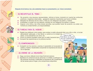 Después de la lectura, los y las asistentes hacen su presentación y un breve comentario.


    D) RECAPITULE EL TEMA

        De acuerdo a las escenas representadas, reforzar el tema, tomando en cuenta las conductas
        positivas o negativas observadas, agregando aspectos importantes que fueron omitidos.
        Respetar los derechos de los niños y niñas es una obligación de padres y madres
        Enseñarles a cumplir con sus deberes, también es una obligación de padres y madres.
        Asignar a los niños y las niñas tareas sencillas, que puedan hacer de acuerdo a su edad, eso
        fomenta la unidad familiar y la responsabilidad.

    E) TAREAS PARA EL HOGAR
       Dígales que platiquen como pareja, para evaluar si están educando bien a su niño o niña:, si le dan
        alimentación adecuada, si lo/a llevan a control en la Unidad de
        Salud, si lo/a disciplinan con amor, etc.                          Como le digo
       Poner en práctica aquellas cosas que no estén haciendo bien niña María, los cipotes
       Compartir las experiencias en la próxima reunión.              hay que cuidarlos bien
                                                                              y dejarlos jugar

     F) COMPROMISOS:
       Compartir con los vecinos y vecinas, lo aprendido en la escuela de
        padres y madres. Haciéndoles comprender la importancia de educar
        con el ejemplo.

     G) CIERRE DE LA REUNIÓN
       Haga una breve reflexión de la frase final de la lectura.
       Agradezca la presencia de las personas e invítelas a participar en
        las próximas reuniones. Enfatíceles la importancia del cumplimiento
        de las tareas para el hogar y los compromisos adquiridos.

                                                    51
 
