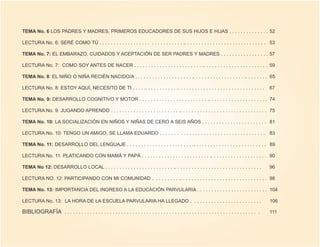 TEMA No. 6 LOS PADRES Y MADRES. PRIMEROS EDUCADORES DE SUS HIJOS E HIJAS . . . . . . . . . . . . . . 52

LECTURA No. 6: SERÉ COMO TÚ . . . . . . . . . . . . . . . . . . . . . . . . . . . . . .. . . . . . . . . . . . . . . . . . . . . . . . . . . . . 53

TEMA No. 7: EL EMBARAZO, CUIDADOS Y ACEPTACIÓN DE SER PADRES Y MADRES . . . . . . . . . . . . . . . . . 57

LECTURA No. 7: COMO SOY ANTES DE NACER . . . . . . . . . . . . . . . . . . . . . . . . .. . . . . . . . . . . . . . . . . . . . . . . 59

TEMA No. 8: EL NIÑO O NIÑA RECIÉN NACIDO/A . . . . . . . . . . . . . . . . . . . . .. . . . . . . . . . . . . . . . . . .. . . . . . . . 65

LECTURA No. 8: ESTOY AQUÍ, NECESITO DE TI . . . . .. . . . . . . . . . . .. . . . . . . . . . . . . . . . . . . . . . . . . . . . . . .                  67

TEMA No. 9: DESARROLLO COGNITIVO Y MOTOR . . . . . . . . . . . . . . . . . . . . . . . . .. . . . . . . . . . . . . . . . . . . . . 74

LECTURA No. 9: JUGANDO APRENDO . . . . . . . . . . . . . . . . . . . . . . . . .. . . . . . . . . . . . . . . . . . . . . . . . . . . . . . . 75

TEMA No. 10: LA SOCIALIZACIÓN EN NIÑOS Y NIÑAS DE CERO A SEIS AÑOS . . . . . . . . . . . . . . . . . . . . . . . 81

LECTURA No. 10: TENGO UN AMIGO, SE LLAMA EDUARDO . . . . . . . . . . . . . . . . . . . . . . . . . . . . . . . . . . . . .                               83

TEMA No. 11: DESARROLLO DEL LENGUAJE . . . . . . . . . . . . . . . . . . . . . . . .. . . . . . . . . . . . . . . . . . . . . . . . . . 89

LECTURA No. 11: PLATICANDO CON MAMÁ Y PAPÁ . . . . . . . . . . . . . . . . . . . . . . . . .. . . . . . . . . . . . . . . . . . . . 90

TEMA No 12: DESARROLLO LOCAL . . . . . . . . . . . . . . . . . . . . . . . . .. . . . . . . . . . . . . . . . . . . . . . . . . . . . . . .              96

LECTURA NO. 12: PARTICIPANDO CON MI COMUNIDAD . . . . . . . . . .. . . . . . . . . . . . . . . . . . . . . . . . . . . . . . . 98

TEMA No. 13: IMPORTANCIA DEL INGRESO A LA EDUCACIÓN PARVULARIA . . . . . . . . . . . . . . . . . . . . . . . . . 104

LECTURA No. 13: LA HORA DE LA ESCUELA PARVULARIA HA LLEGADO . . . . . . . . . . . . . . . . . . . . . . . . .                                            106

BIBLIOGRAFÍA . . . . . . . . . . . . . . . . . . . . . . . . . . . . . . . . . . . . . . . . . . . . . . . . . . . . . . . . . . . . . . . . . . . . .   111
 