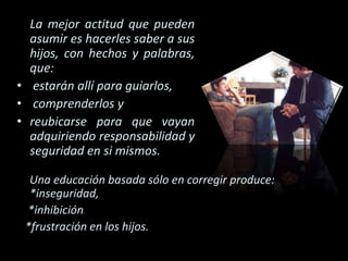 La mejor actitud que pueden
asumir es hacerles saber a sus
hijos, con hechos y palabras,
que:
• estarán allí para guiarlos,
• comprenderlos y
• reubicarse para que vayan
adquiriendo responsabilidad y
seguridad en si mismos.
Una educación basada sólo en corregir produce:
*inseguridad,
*inhibición
*frustración en los hijos.
 