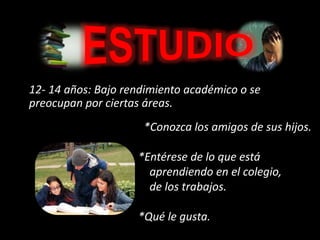 12- 14 años: Bajo rendimiento académico o se
preocupan por ciertas áreas.
*Conozca los amigos de sus hijos.
*Entérese de lo que está
aprendiendo en el colegio,
de los trabajos.
*Qué le gusta.
 