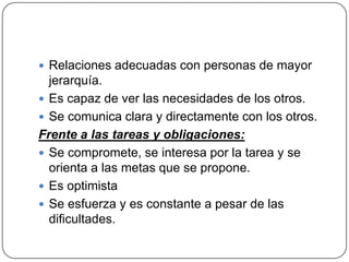  Relaciones adecuadas con personas de mayor
  jerarquía.
 Es capaz de ver las necesidades de los otros.
 Se comunica clara y directamente con los otros.
Frente a las tareas y obligaciones:
 Se compromete, se interesa por la tarea y se
  orienta a las metas que se propone.
 Es optimista
 Se esfuerza y es constante a pesar de las
  dificultades.
 