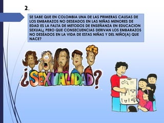 SE SABE QUE EN COLOMBIA UNA DE LAS PRIMERAS CAUSAS DE
LOS EMBARAZOS NO DESEADOS EN LAS NIÑAS MENORES DE
EDAD ES LA FALTA DE METODOS DE ENSEÑANZA EN EDUCACION
SEXUAL¿ PERO QUE CONSECUENCIAS DERIVAN LOS EMBARAZOS
NO DESEADOS EN LA VIDA DE ESTAS NIÑAS Y DEL NIÑO(A) QUE
NACE?
2.
 