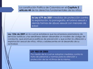 La constitución Política de Colombia en el Capítulo 2
artículo 44 de los derechos fundamentales de los niños
la Ley 679 de 2001 medidas de protección contra
la explotación, la pornografía, el turismo sexual y
demás formas de abuso sexual con menores de
edad
Ley 1336 de 2009 en la cual se establece que las empresas prestadoras de
servicios turísticos y las aerolíneas deben desarrollar un modelo de código de
conducta, que promueva políticas de prevención y que eviten la utilización y
explotación sexual de niños, niñas y adolescentes en el desarrollo de su
actividad.
LEY 985 DE 2005
Por medio de la cual se adoptan medidas contra la
trata de personas y normas para la atención y
protección de las víctimas de la misma.
 