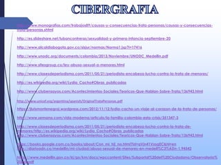 http://www.monografias.com/trabajos89/causas-y-consecuencias-trata-personas/causas-y-consecuencias-
trata-personas.shtml
http://es.slideshare.net/lubancontreras/sexualidad-y-primera-infancia-septiembre-20
http://www.alcaldiabogota.gov.co/sisjur/normas/Norma1.jsp?i=17416
http://www.unodc.org/documents/colombia/2013/Noviembre/UNODC_Medellin.pdf
http://www.sitesgroup.co/ley-abuso-sexual-a-menores.html
http://www.clasesdeperiodismo.com/2011/05/21/periodista-encabeza-lucha-contra-la-trata-de-menores/
http://es.wikipedia.org/wiki/Lydia_Cacho#Obras_publicadas
http://www.clubensayos.com/Acontecimientos-Sociales/Teoricos-Que-Hablan-Sobre-Trata/136943.html
http://www.unicef.org/argentina/spanish/OriginalTrataPersonas.pdf
https://jluismontenegroj.wordpress.com/2012/11/12/lydia-cacho-un-viaje-al-corazon-de-la-trata-de-personas/
http://www.semana.com/vida-moderna/articulo/la-familia-colombia-esta-crisis/351347-3
http://www.clasesdeperiodismo.com/2011/05/21/periodista-encabeza-lucha-contra-la-trata-de-
menores/http://es.wikipedia.org/wiki/Lydia_Cacho#Obras_publicadas
http://www.clubensayos.com/Acontecimientos-Sociales/Teoricos-Que-Hablan-Sobre-Trata/136943.html
https://books.google.com.co/books/about/Con_mi_hij_no.html?id=qVjn41VxsgEC&hl=en
http://diarioadn.co/medellin/mi-ciudad/abuso-sexual-de-menores-en-medell%C3%ADn-1.94542
https://www.medellin.gov.co/irj/go/km/docs/wpccontent/Sites/Subportal%20del%20Ciudadano/Observatorio%
20pdf.pdf
 