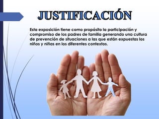 Esta exposición tiene como propósito la participación y
compromiso de los padres de familia generando una cultura
de prevención de situaciones a las que están expuestas los
niños y niñas en los diferentes contextos.
 