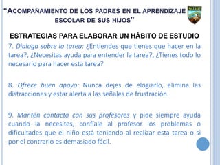 ESTRATEGIAS PARA ELABORAR UN HÁBITO DE ESTUDIO
7. Dialoga sobre la tarea: ¿Entiendes que tienes que hacer en la
tarea?, ¿Necesitas ayuda para entender la tarea?, ¿Tienes todo lo
necesario para hacer esta tarea?
8. Ofrece buen apoyo: Nunca dejes de elogiarlo, elimina las
distracciones y estar alerta a las señales de frustración.
9. Mantén contacto con sus profesores y pide siempre ayuda
cuando la necesites, confíale al profesor los problemas o
dificultades que el niño está teniendo al realizar esta tarea o si
por el contrario es demasiado fácil.
“ACOMPAÑAMIENTO DE LOS PADRES EN EL APRENDIZAJE
ESCOLAR DE SUS HIJOS”
 