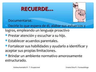 RECUERDE…
Documentarse.
Decirle lo que espera de él, alabar sus esfuerzos y
logros, empleando un lenguaje proactivo
Prestar atención y escuchar a su hijo.
Establecer acuerdos parentales.
Fortalecer sus habilidades y ayudarlo a identificar y
aceptar sus propias limitaciones.
Brindar un ambiente normativo amorosamente
estructurado.
 