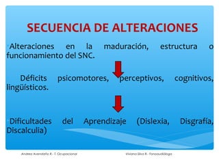 SECUENCIA DE ALTERACIONES
•Alteraciones en la                           maduración,                 estructura          o
funcionamiento del SNC.

• Déficits                psicomotores,           perceptivos,                       cognitivos,
lingüísticos.


•Dificultades               del          Aprendizaje      (Dislexia,                  Disgrafía,
Discalculia)

    Andrea Avendaño R.- T. Ocupacional             Viviana Silva R.- Fonoaudióloga
 