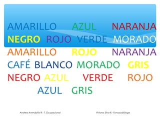 AMARILLO AZUL NARANJA
NEGRO ROJO VERDE MORADO
AMARILLO ROJO NARANJA
CAFÉ BLANCO MORADO GRIS
NEGRO AZUL VERDE ROJO
CAFÉ AZUL GRIS
 Andrea Avendaño R.- T. Ocupacional   Viviana Silva R.- Fonoaudióloga
 