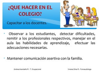 ¿QUE HACER EN EL
       COLEGIO?
•   Capacitar a los docentes.

•    Observar a los estudiantes, detectar dificultades,
    remitir a los profesionales respectivos, manejar en el
    aula las habilidades de aprendizaje, efectuar las
    adecuaciones necesarias.

•   Mantener comunicación asertiva con la familia.
 